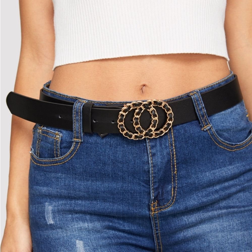 Black faux leather elegant double chunky chain link ring Gold buckle waist belt - Picture 3 of 12